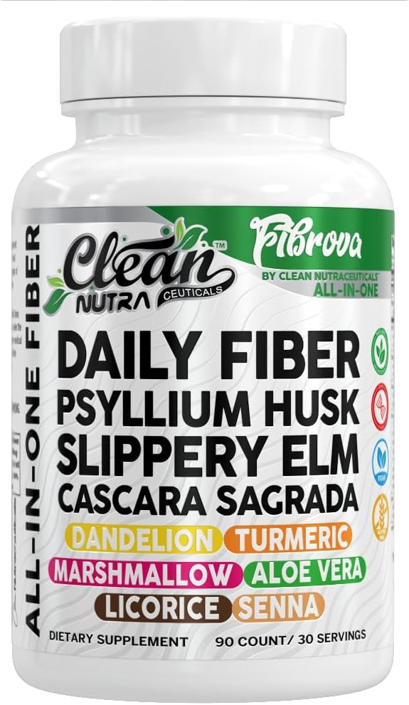 Fiber Supplement Capsules Slippery Elm Psyllium Husk Cascara Sagrada Dandelion Root Turmeric Supplement Aloe Vera Licorice Senna Marshmallow Root Digestive Health Cleanse 90 Pills by Clean Nutra