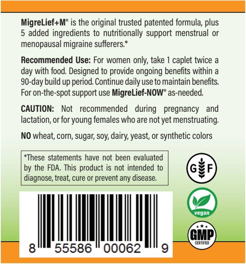 MigreLief+M – Advanced Nutritional Support Supplement for Women’s Neurological Health and Head Comfort – 60 Caplets (1-Month Supply)