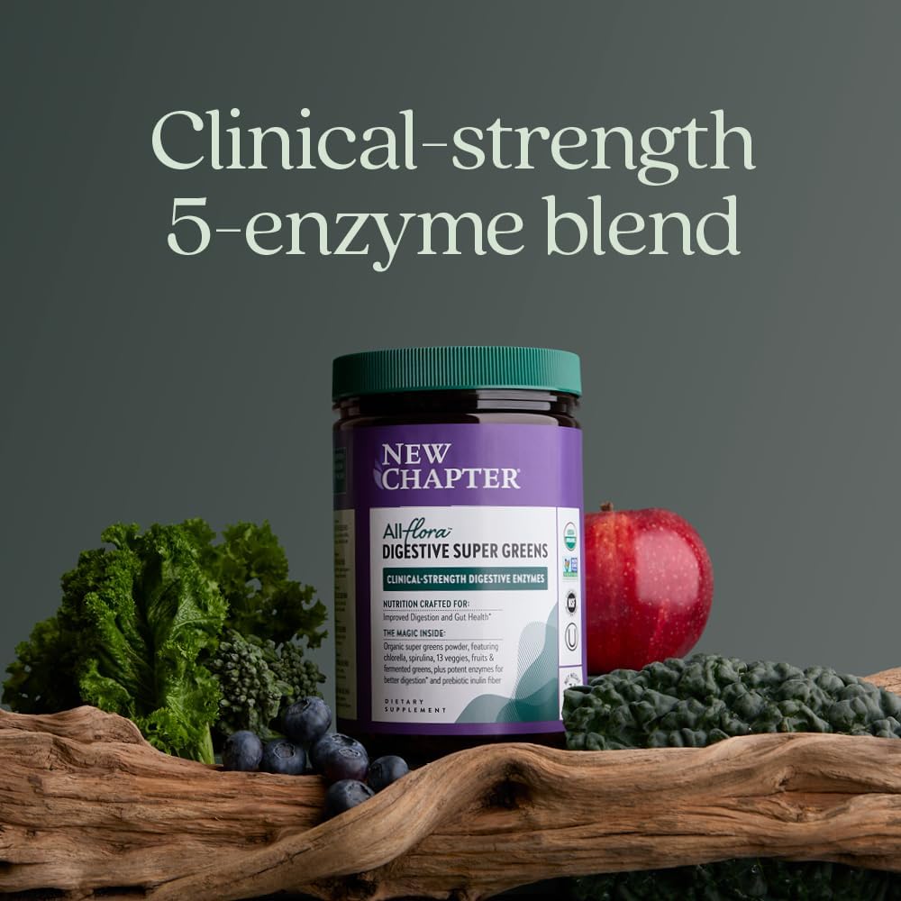 New Chapter All-Flora Digestive Super Greens Powder for Gut Health - Clinical-Strength Digestive Enzymes + USDA Organic Chlorella, Spirulina, Fermented Greens – Delicious & 100% Vegan, 30 Servings