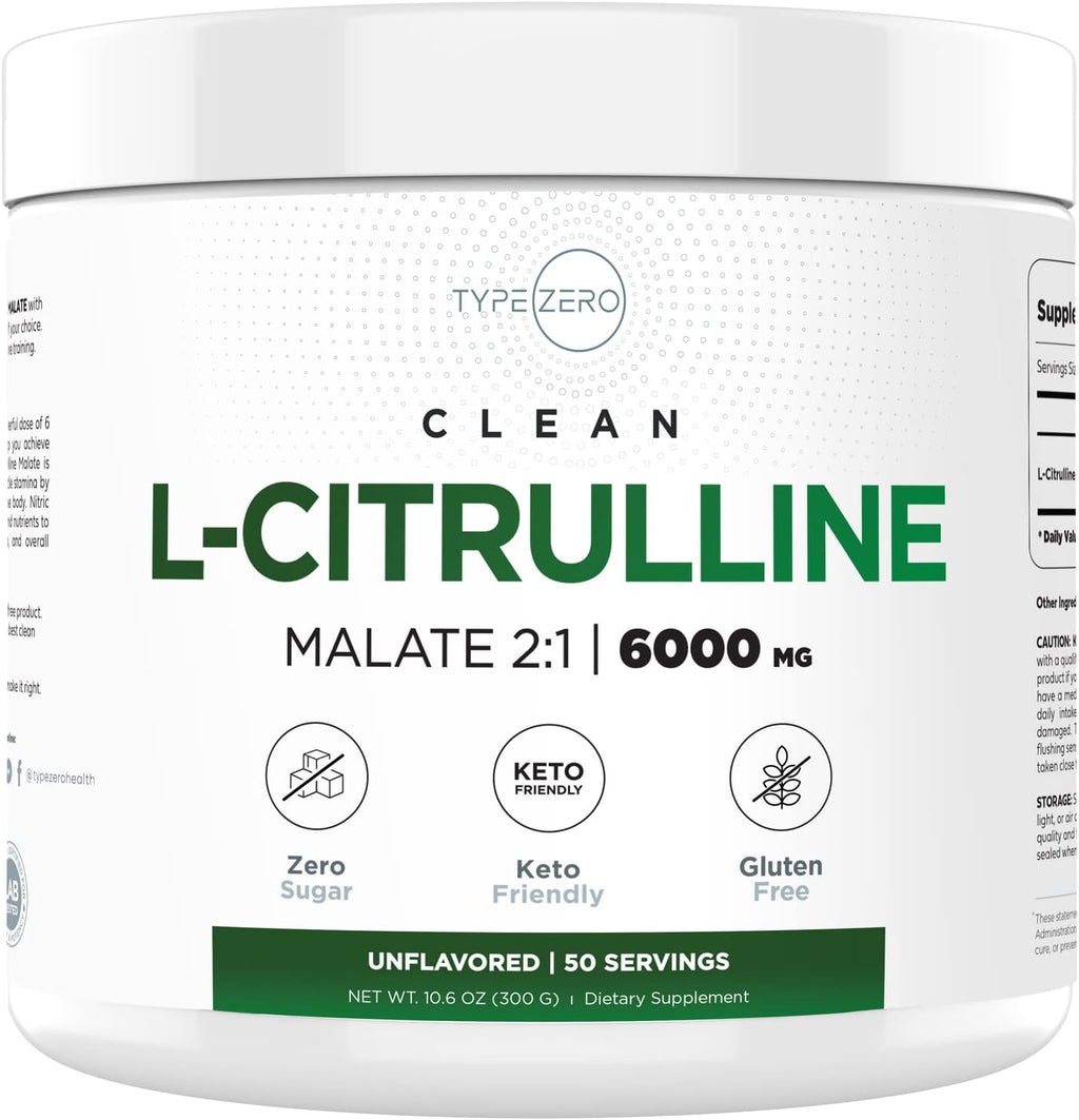 Type Zero L-Citrulline Malate Powder 2:1 6X (300g | 6000mg Per Serving | Unflavored) Ultra Clean L Citrulline, Nitric Oxide Booster, Pre Workout - Nitrous Oxide Vasodilator Supplement