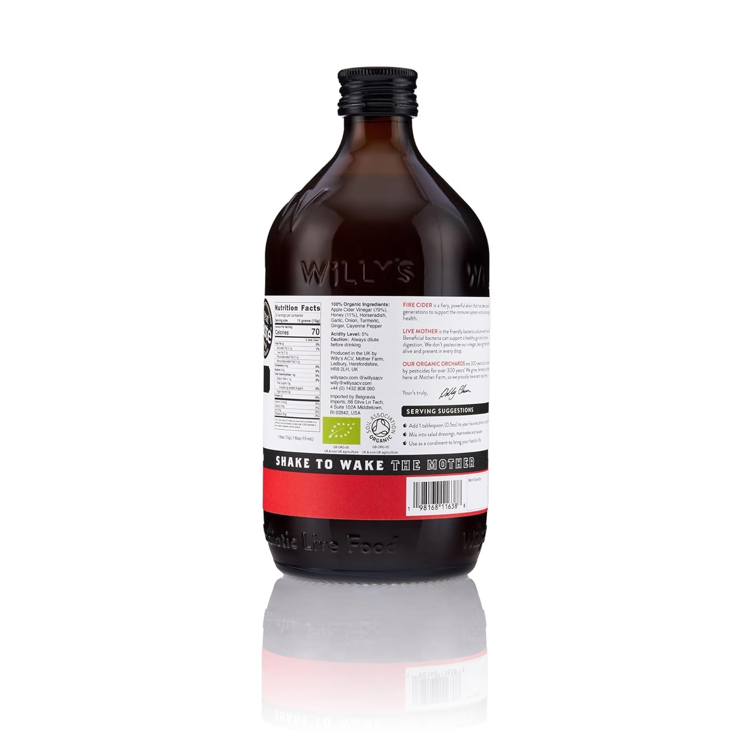 WILLY'S Organic Live Fire Cider with Mother - Apple Cider Vinegar with Horseradish, Garlic, Onion, Turmeric, Ginger, Honey and Cayenne Pepper. Probiotocs for Gut Health. 16.9oz Glass Bottle.