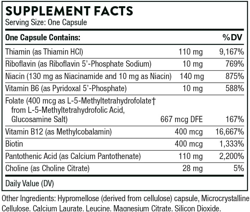 THORNE - Basic B-Complex - Tissue-Ready Vitamin B Complex Supplement with Choline - Supports Cellular Energy Production, Brain Health, Red Blood Cell Formation* - Gluten-Free, Dairy-Free - 60 Capsules