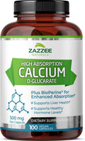 Zazzee High Absorption Calcium D-Glucarate, 500 mg per Capsule, 3 mg BioPerine for Enhanced Absorption, 100 Vegan Capsules, Plus Broccoli 10:1 Extract, 100% Vegetarian, CDG, All-Natural and Non-GMO