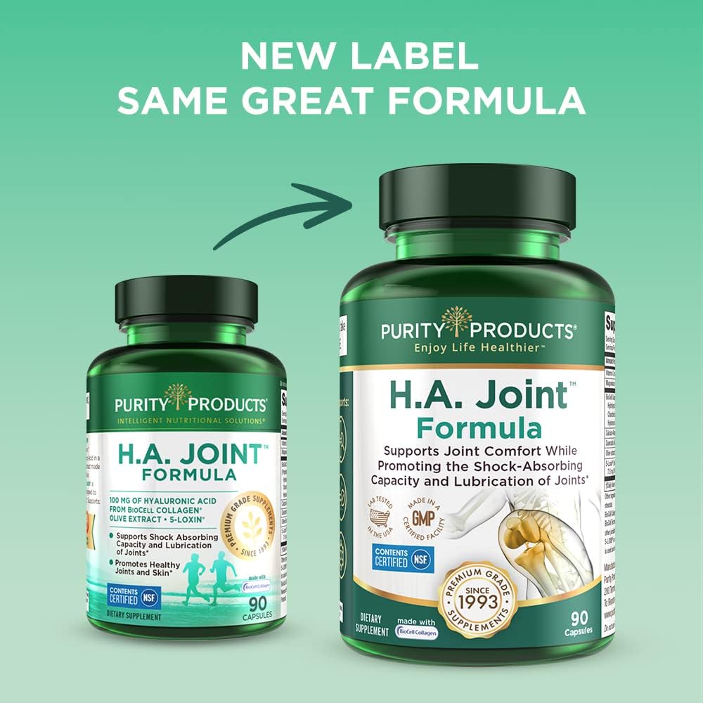 Purity Products HA Joint Formula Hyaluronic Acid + Key CoFactors - Joints + Skin Multi Collagen (Type I, II & III) - 5-Loxin - Olive Fruit Extract - Joint Flexibility + Mobility - 90 Caps