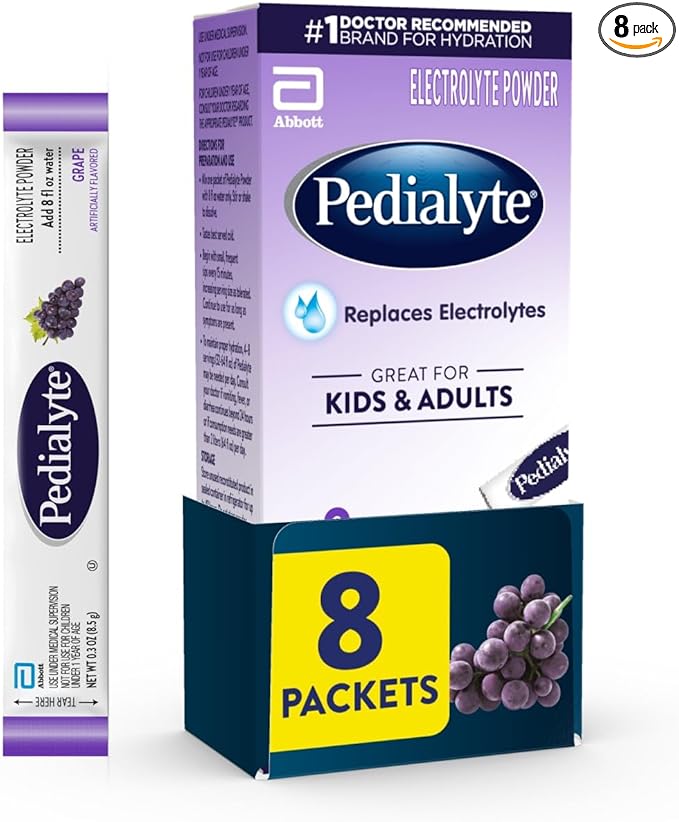 Pedialyte Electrolyte Powder, Hydration Drink for Kids & Adults, Grape, 8 Powder Packets