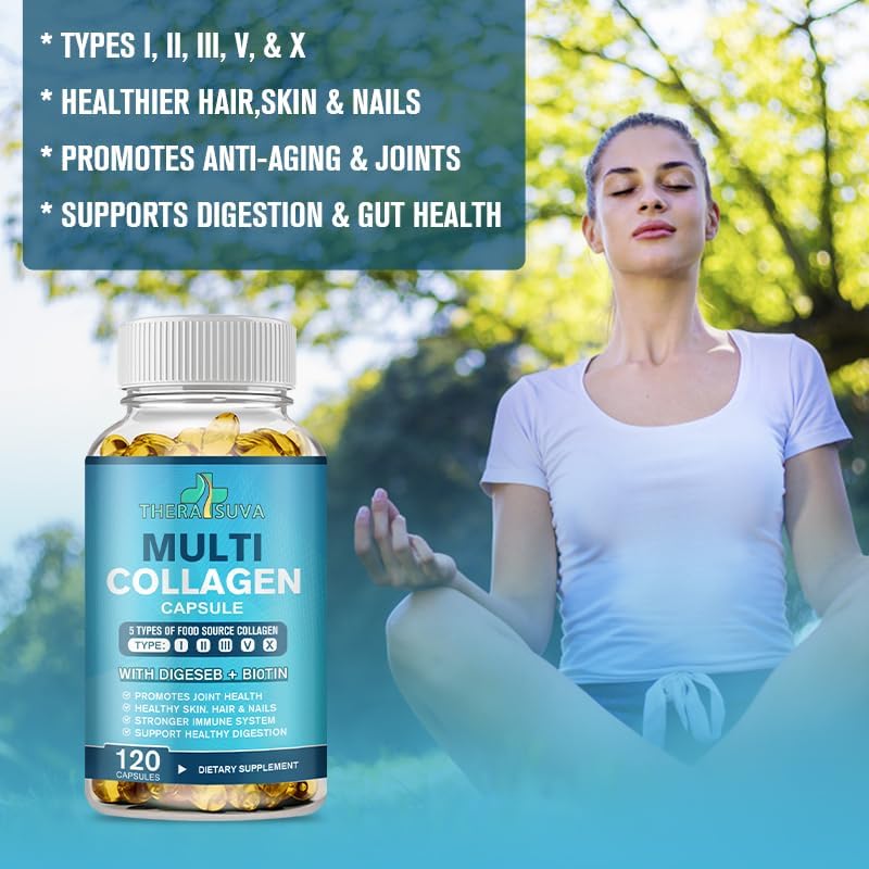 Multi-Collagen Complex + Biotin + Vitamin C – Types I, II, III, V & X – Natural Supplement for Hair, Skin, Nails & Joint Support – 120 Capsules, 60 Day Supply