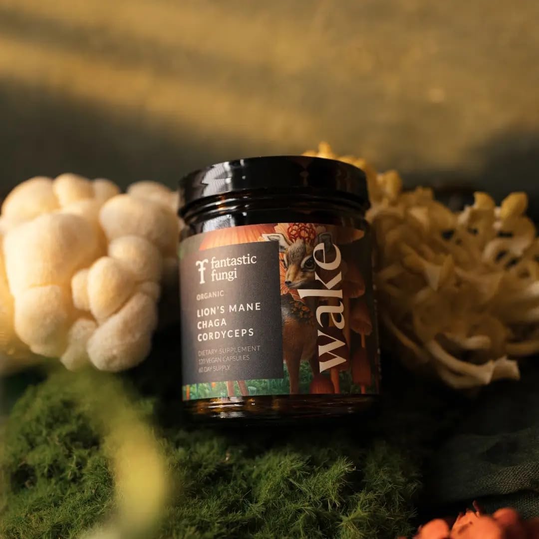 Mushroom Supplement with Lions Mane, Chaga & Cordyceps, Focus, Energy & Brain Support, Adaptogens Capsules, 100% USDA Organic Mushrooms Complex Blend - Vegan, Glass Jar 120 Caps, 2 Month Supply