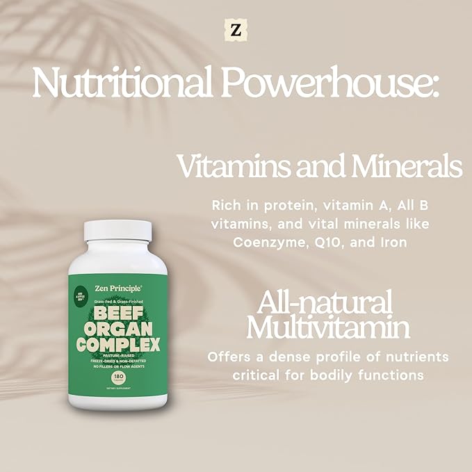 Zen Principle Grass Fed Beef Organs Supplement – Desiccated Liver, Heart, Kidney, Pancreas, Spleen, Intestine & Tripe/Stomach – Grass-Fed & Grass-Finished on The Natural Pastures of New Zealand