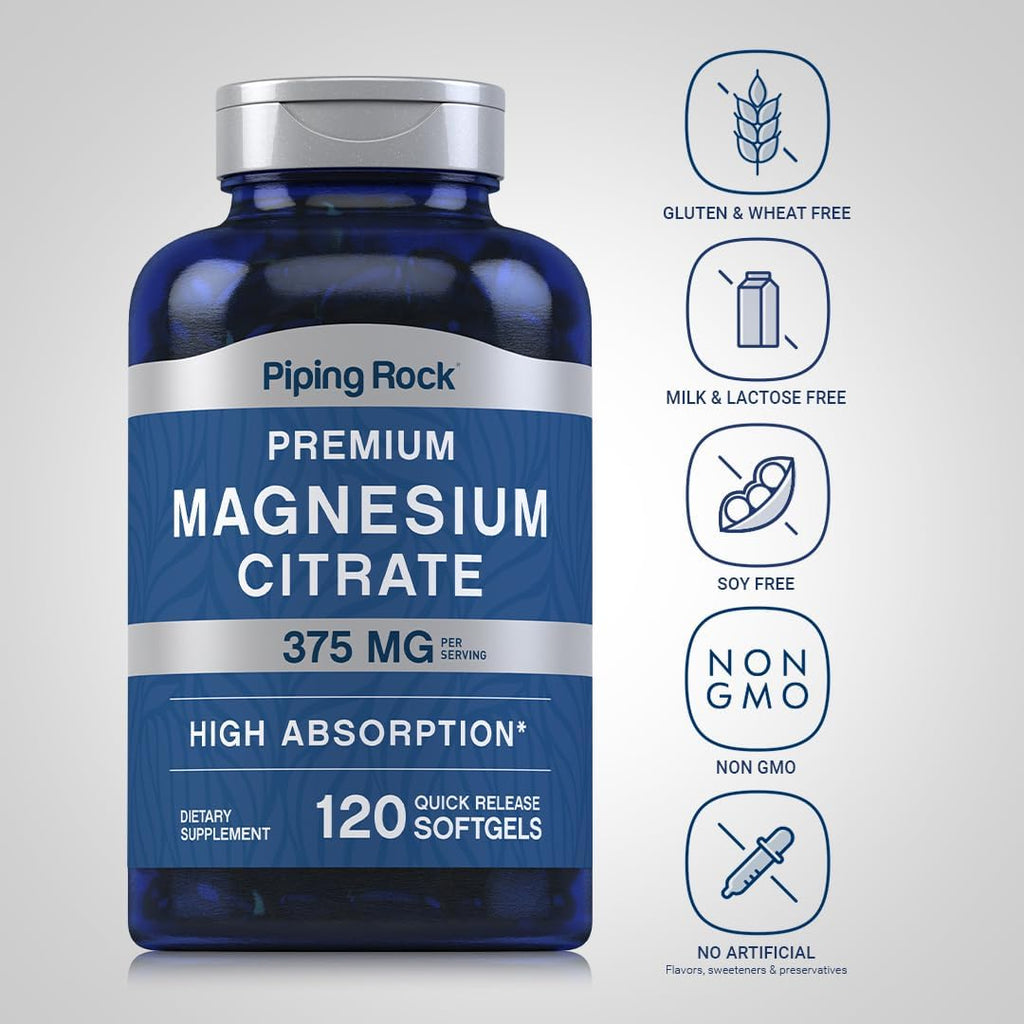 Piping Rock Magnesium Citrate | 375 mg | 120 Softgels | High Absorption | Non-GMO, Gluten Free Supplement