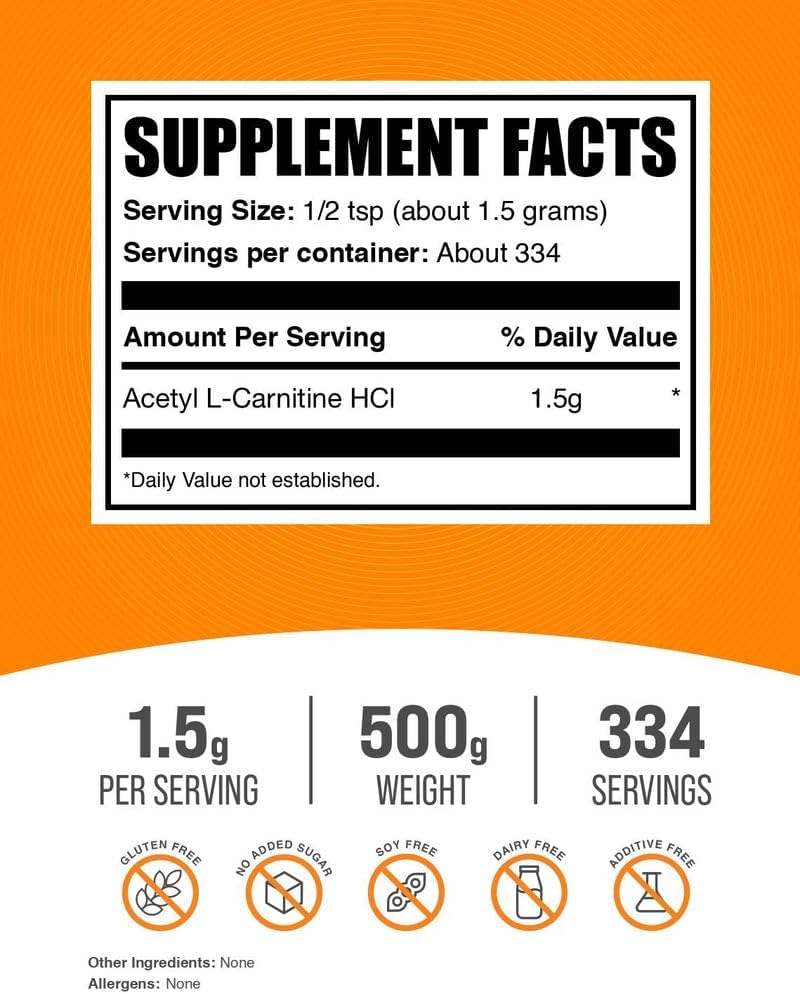 BulkSupplements.com Acetyl L-Carnitine Powder - as ALCAR HCl, Carnitine Supplement - Gluten Free, 1.5g per Serving, 500g (1.1 lbs) (Pack of 1)