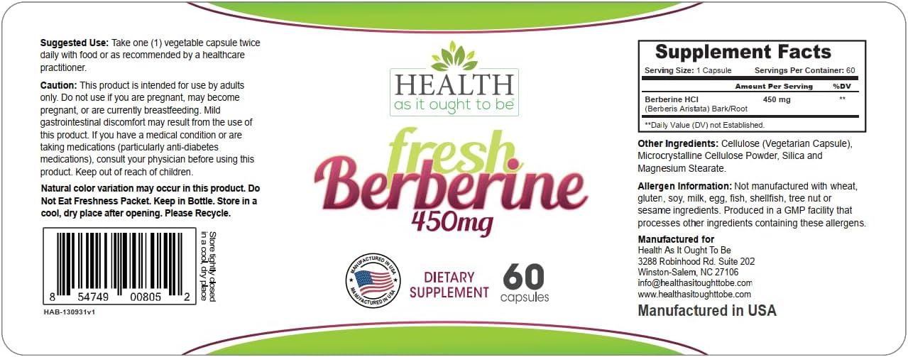 Health As It Ought To Be Fresh Berberine 450mg Supplement | Contains Only Berberine | No Preservatives | 60 Capsules