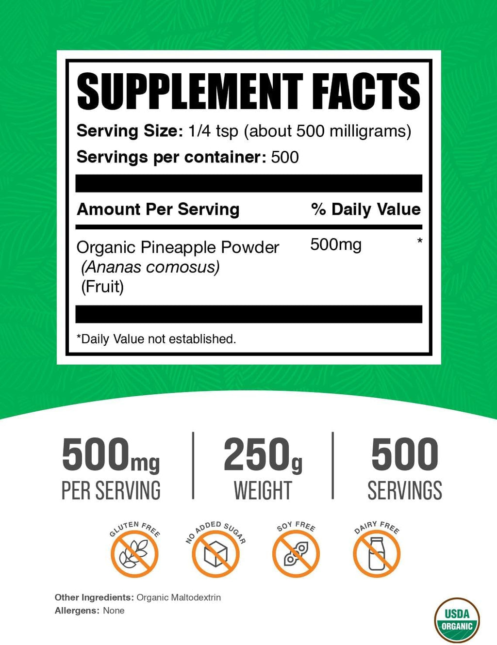 BulkSupplements.com Organic Pineapple Powder - Pineapple Fruit Powder, for Flavoring & Smoothies - Unsweetened & Gluten Free, 500mg per Serving, 250g (8.8 oz) (Pack of 1)