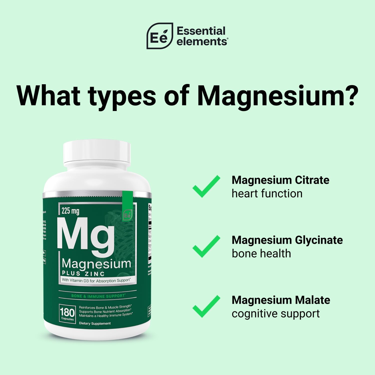 Essential Elements Magnesium & Zinc with Vitamin D3 for Sleep Immune & Bone Support - Magnesium Glycinate, Malate, Citrate 225mg - Triple Magnesium Supplement for Women and Men - 9 Month Supply