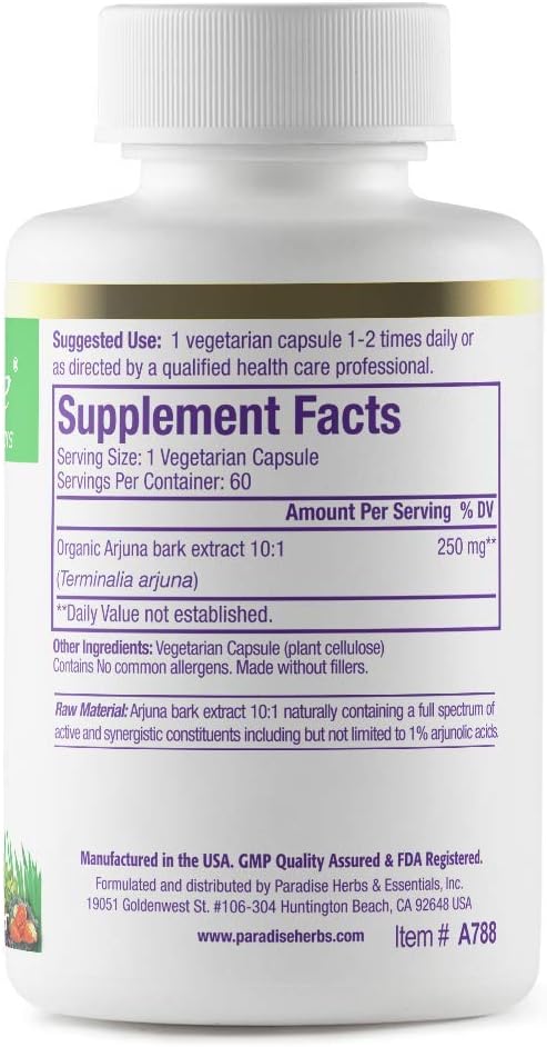 Paradise Herbs Arjuna, Cardiovascular Support, Blood Pressure Maintenance, Heart Health, Antioxidant Supplement, Vegan, Non-GMO, Gluten Free, 60 Vegetarian Capsules