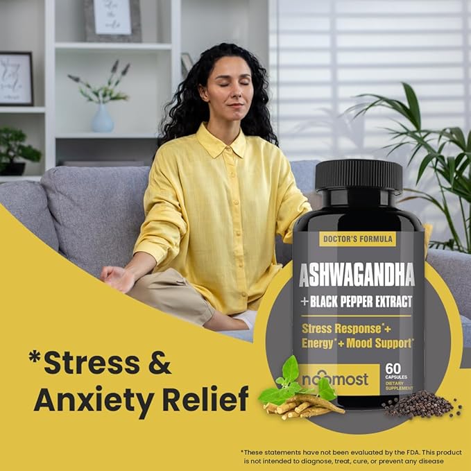 NooMost Ashwagandha Root Extract 15:1 with Black Pepper for Better Absorption - 60 Capsules - Natural Stress, Energy, Focus & Sleep Support - Adaptogen Supplement for Men & Women - Made in USA