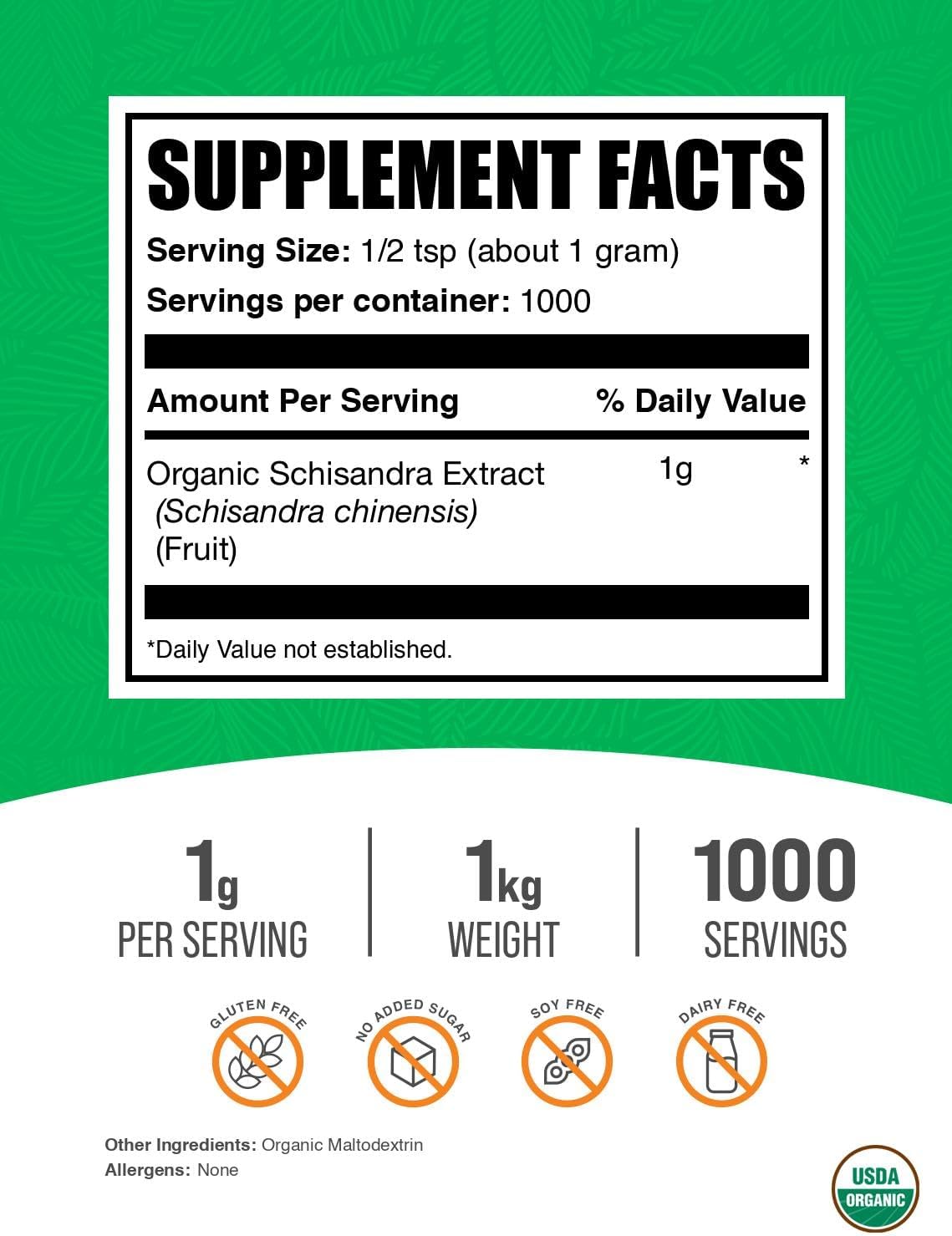 BulkSupplements.com Organic Schisandra Extract Powder - Schisandra Supplement, from Schisandra Berries, Herbal Supplement - Gluten Free - 1g per Serving, 1kg (2.2 lbs) (Pack of 1)