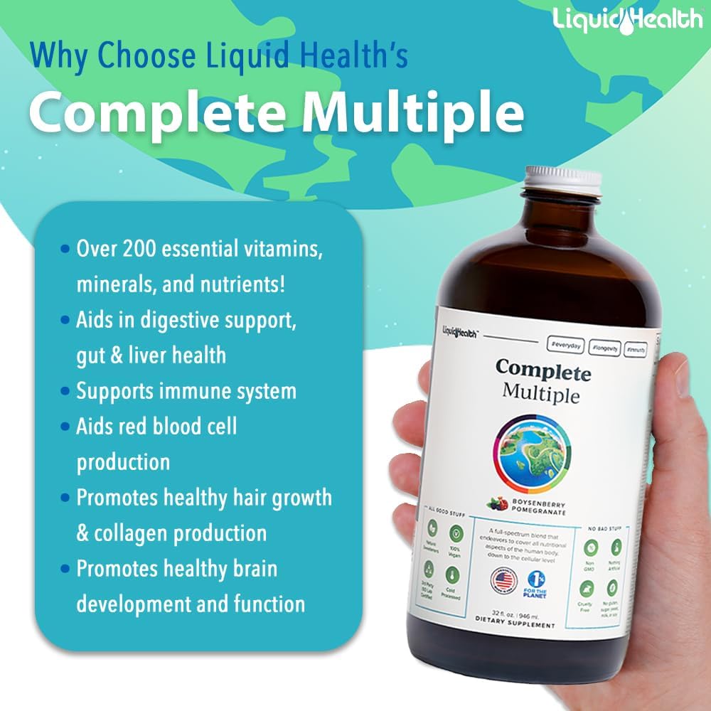 LIQUIDHEALTH Complete Multiple Adult Liquid Multivitamin - Essential Vitamins, Minerals & Nutrients, Immune Support, Gut Health, Energy, Detox - Made in USA, Vegan, Non-GMO, Sugar-Free (3 Pack)