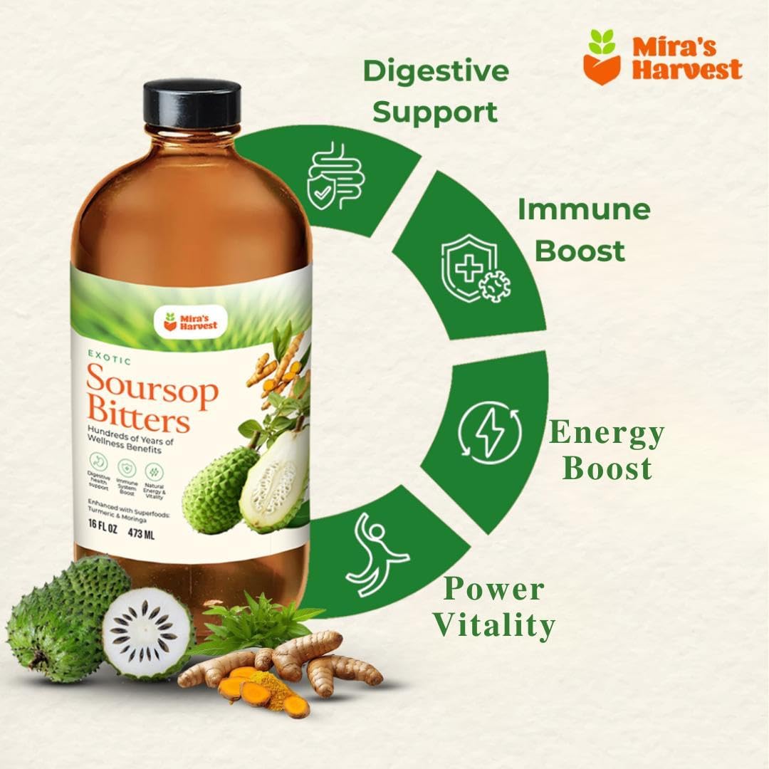 Mira’s Harvest Soursop Bitters Liquid, Guanabana 16oz Premium Grade for Gut Support, with Moringa, Bitter Wood, Apple Cider Vinegar