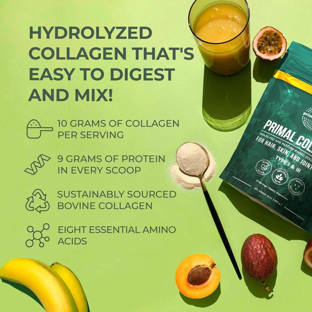 Primal Harvest Collagen Powder for Women or Men Primal Collagen Peptides Powder Type I & III, 10 Oz Collagen Protein Powder for Hair, Skin, Nails (Single, Original)