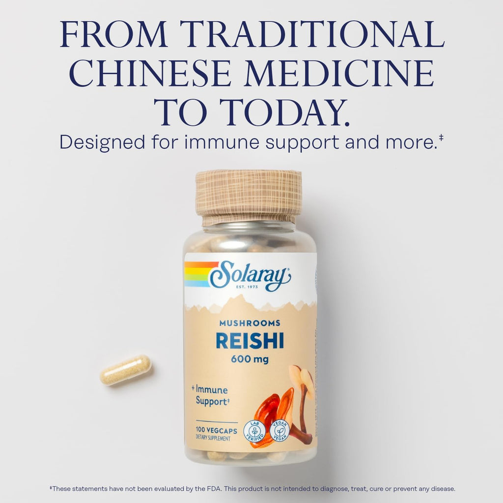 SOLARAY Reishi Mushroom 600mg - Reishi Mushroom Capsules for Immune Support - Vegan, Lab Verified - 60-Day Money-Back Guarantee - 100 Servings, 100 VegCaps