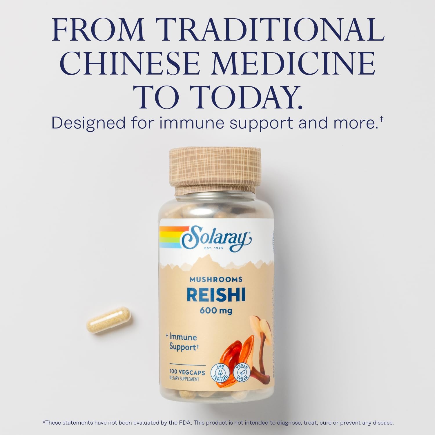 SOLARAY Reishi Mushroom 600mg - Reishi Mushroom Capsules for Immune Support - Vegan, Lab Verified - 60-Day Money-Back Guarantee - 100 Servings, 100 VegCaps