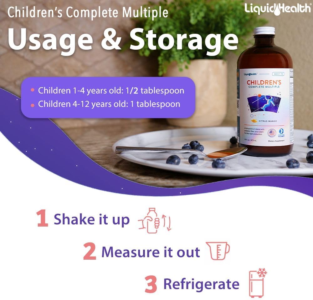 LIQUIDHEALTH Children's Complete Liquid Multivitamin for Kids, Toddlers - Essential Vitamins, Nutrients & Minerals, Immune Support, Gut Health - Made in USA, Vegan, Non GMO, Sugar-Free (16 oz)