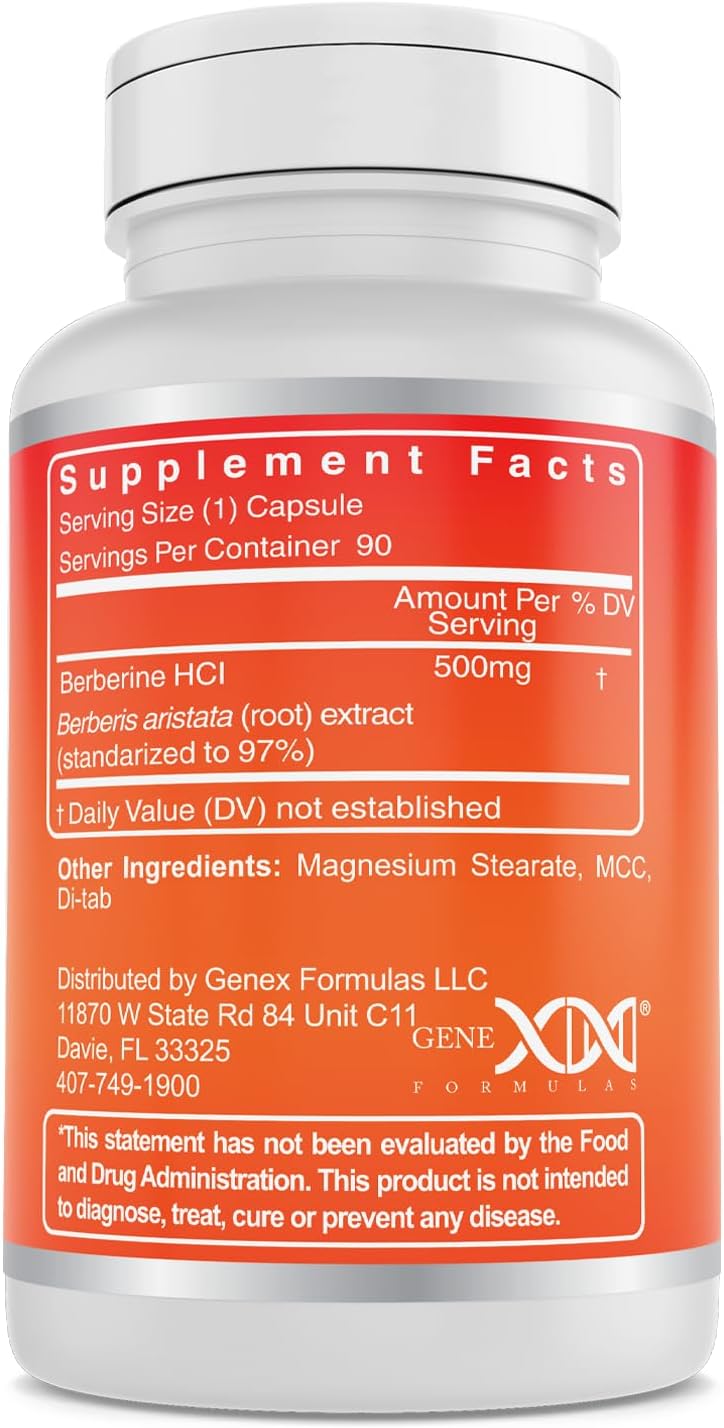 Genex Formulas Berberine HCl 500mg (90 Capsules) - NSF Certified for Safety, Quality & Label Accuracy - Supports Immune Health - Non-GMO, Gluten Free, Vegetarian