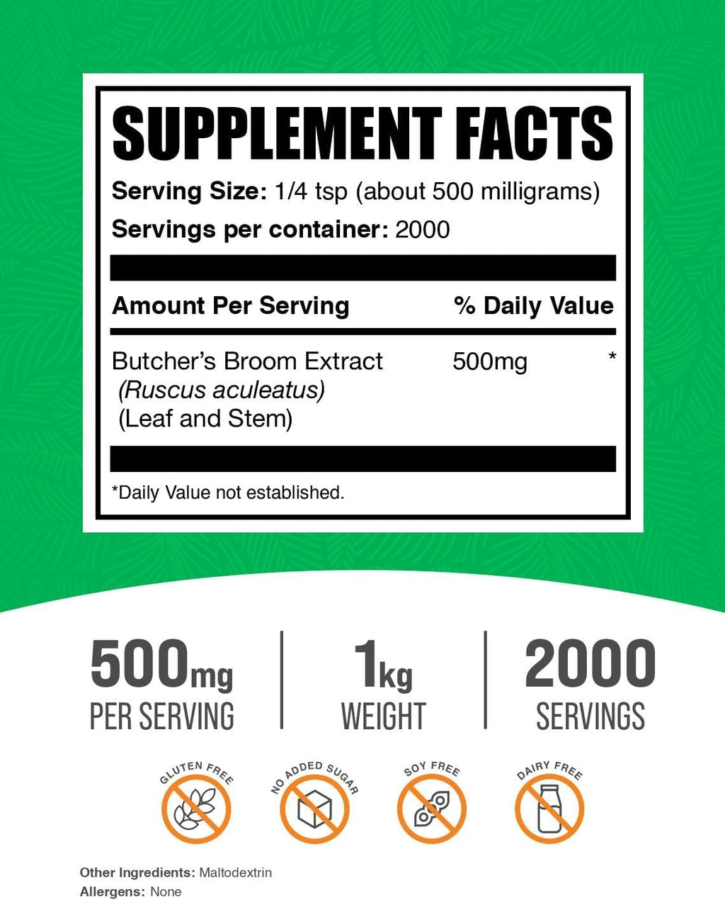BulkSupplements.com Butcher's Broom Extract Powder - Butchers Broom, Herbal Supplement - Vegan & Gluten Free, 500mg per Serving, 1kg (2.2 lbs) (Pack of 1)