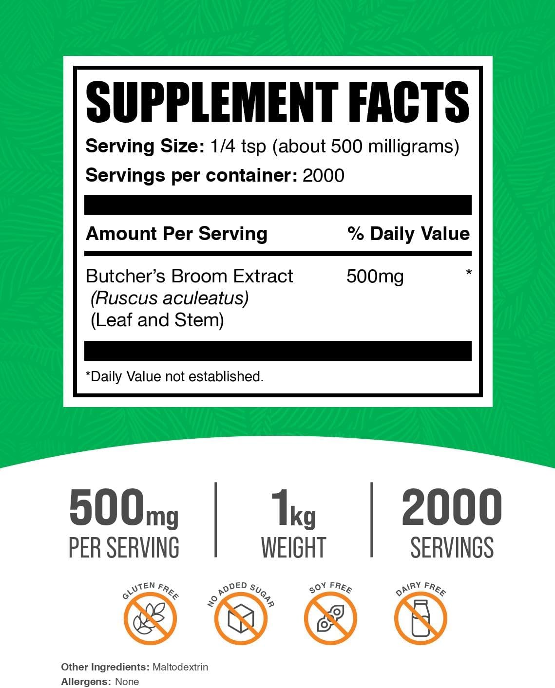 BulkSupplements.com Butcher's Broom Extract Powder - Butchers Broom, Herbal Supplement - Vegan & Gluten Free, 500mg per Serving, 1kg (2.2 lbs) (Pack of 1)