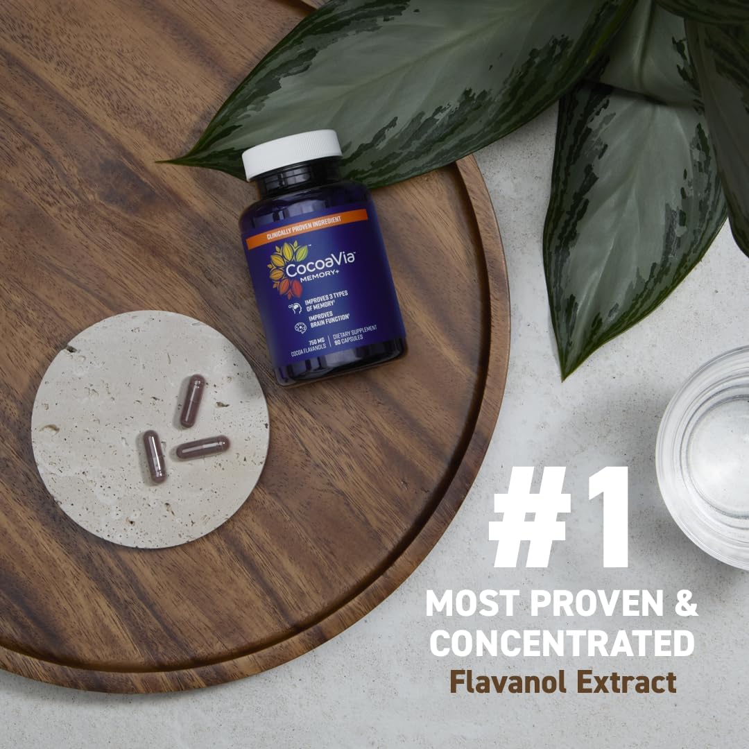 CocoaVia Memory+ Brain Supplement, Clinically Proven Memory and Brain Booster, Plant Based Supplement, Sugar Free, Gluten Free, Vegan, 750 mg Cocoa Flavanols Capsules, 60 Day Supply