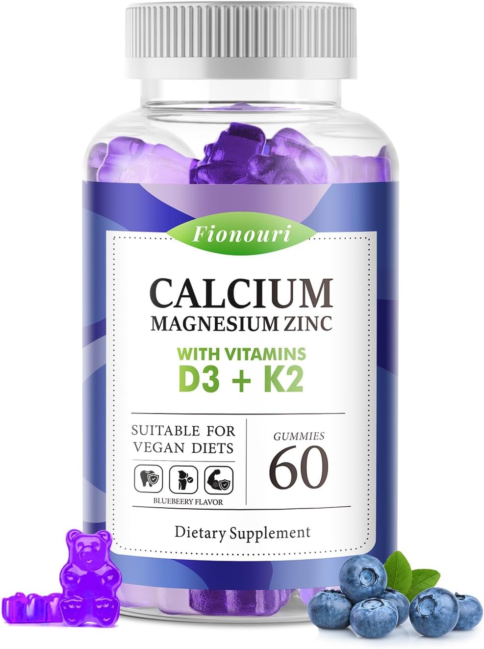 Calcium Magnesium Zinc Gummies with Vitamin D3 & K2 - High Potency Enhanced Absorption -60 Blueberry Gummies Flavored