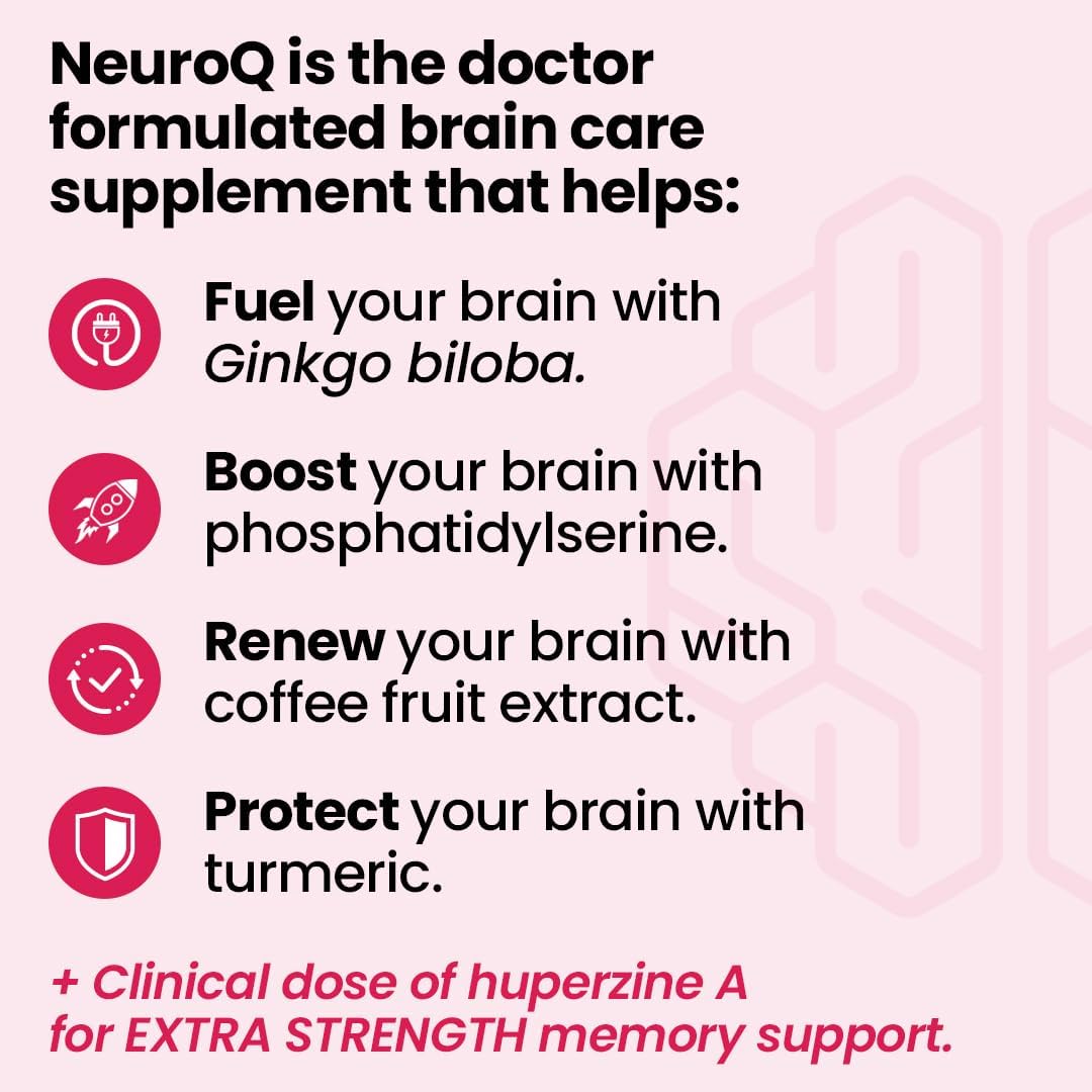 NeuroQ Memory & Focus Extra Strength - Boosts Cognitive Performance & Brain Function - Supports Neuroprotection & Concentration - Huperzine A, Gotu Kola, Ginkgo, Coffee Fruit & Propolis - 60 Capsules