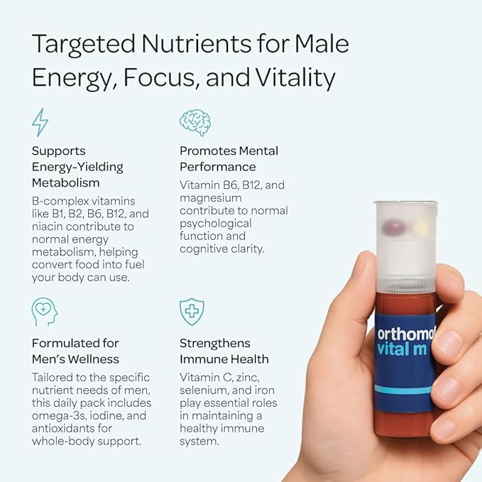 Orthomol Vital M – Daily Multivitamin for Men, Vitamins A, B, C, D3, E, K, Zinc, Iodine & Omega-3, Supports Energy, Vitality, Immune Health & Metabolism, 7-Day Supply, Liquid+ Capsules Supplement