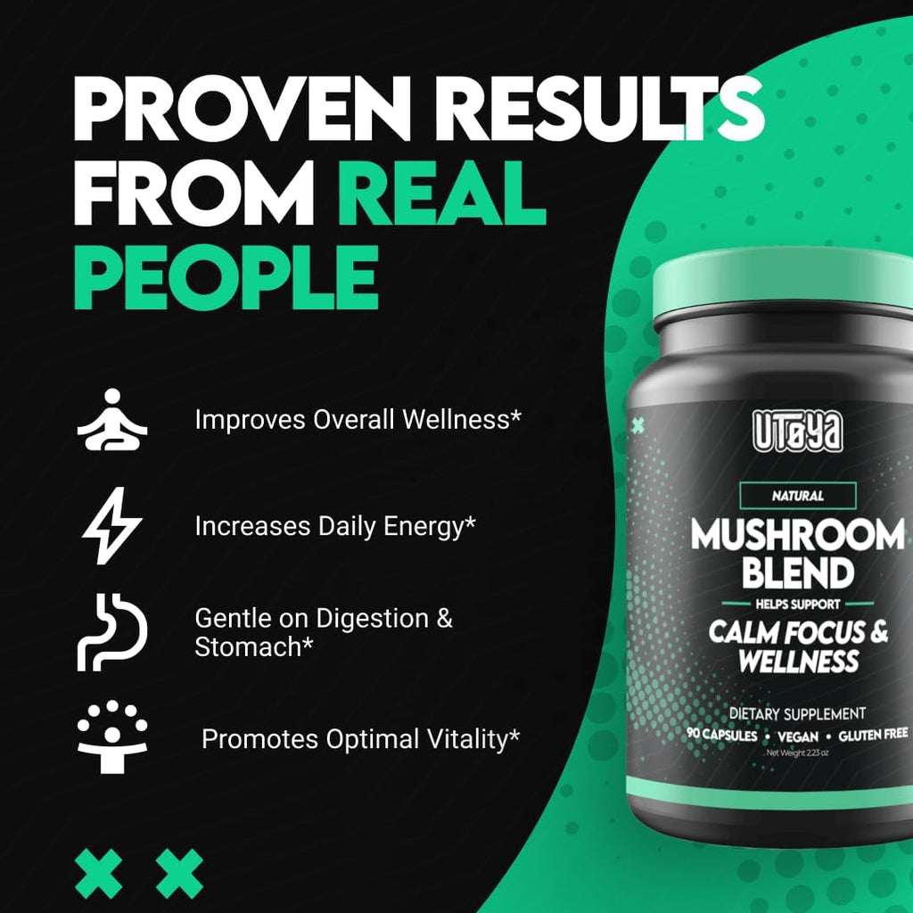 UTOYA Natural Mushroom Blend Supplements - Lions Mane Supplement Capsules with Reishi, Cordyceps, More for Calm, Focus and Wellness - Non-GMO Vegan/Gluten Free Multi Mushroom Supplement - 90 Capsules