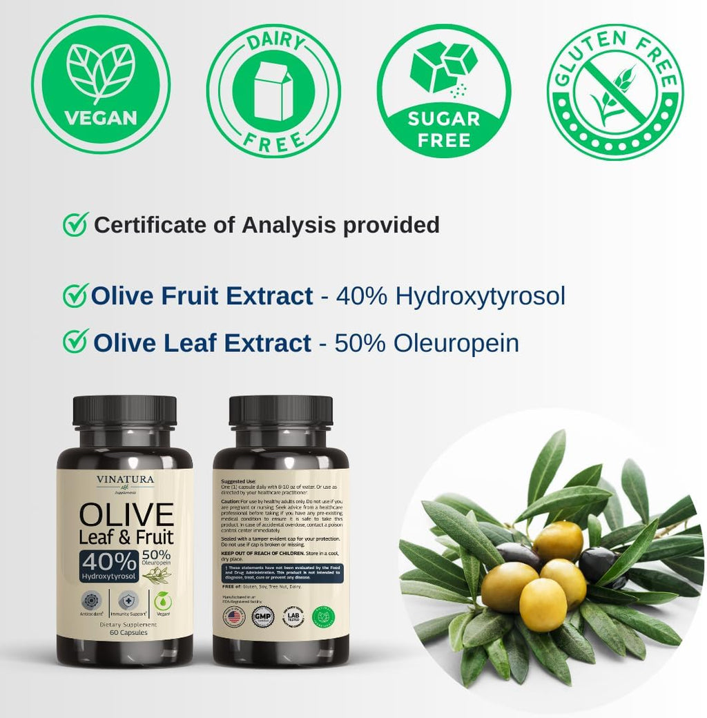 Hydroxytyrosol Supplement, Olive Leaf Extract - 40% Hydroxytyrosol Olive Fruit Extract, 50% Oleuropein Olive Leaf Extract Capsules - 60 Capsules