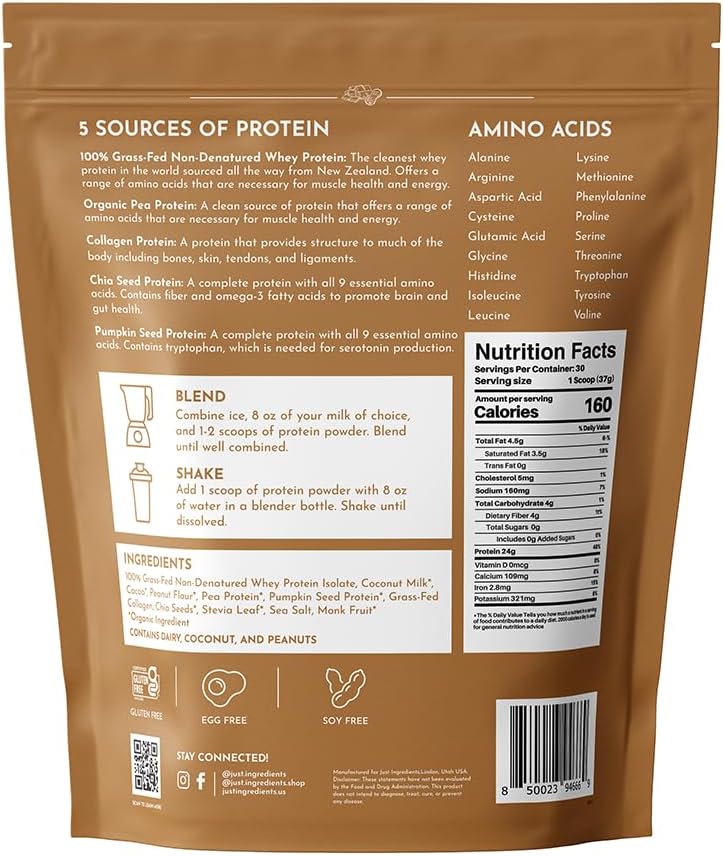 Roasted Peanut Butter Chocolate Protein Powder – 30-Serving Blend with 100% Grass-Fed Whey & Organic Plant Proteins – Rich Cocoa & Roasted Peanut Flavor – Supports Muscle Recovery & Energy*