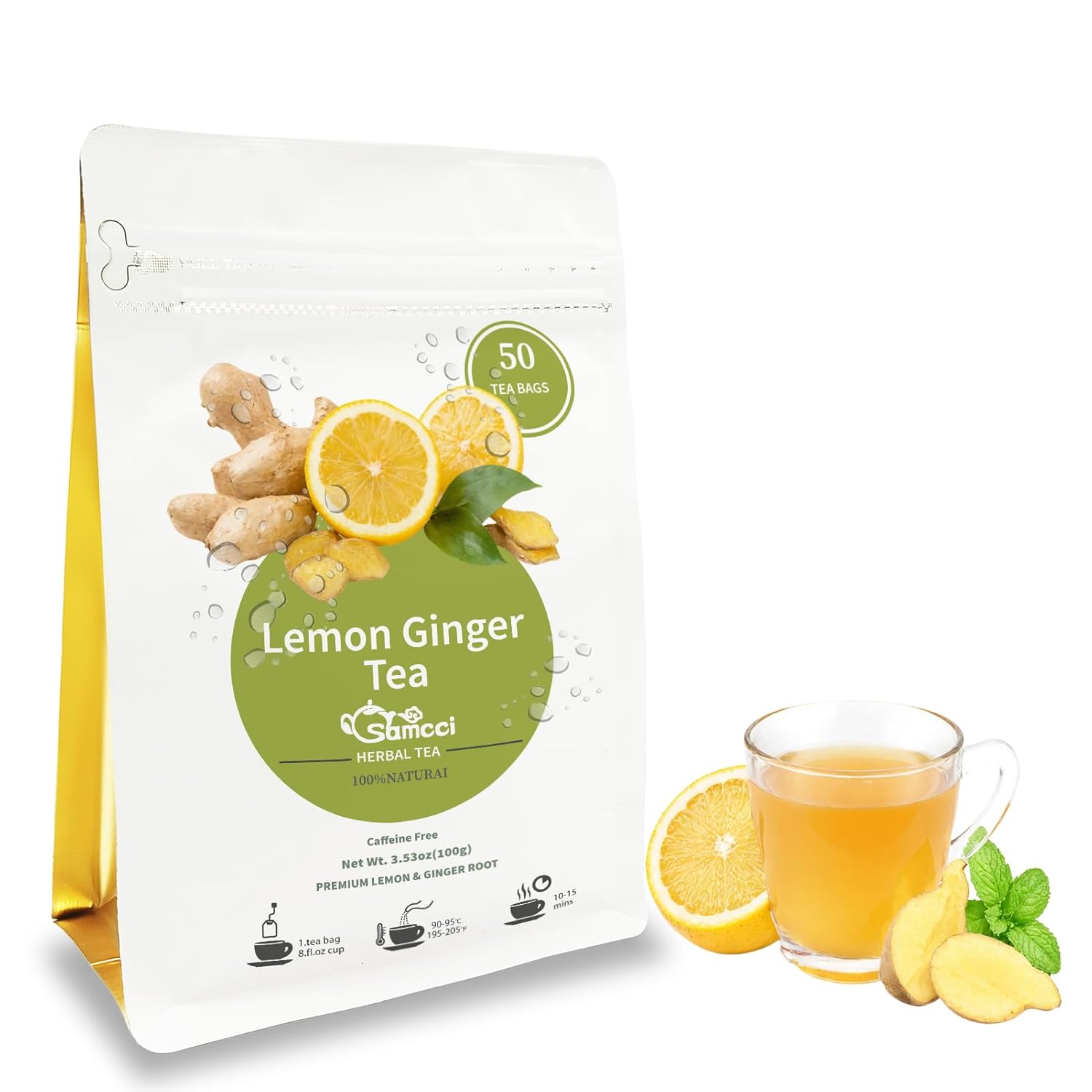 Samcci - Lemon Ginger Tea Bags, 50 Teabags - Great Hot or Iced – Aromatic, Natural, Pleasantly Spicy & Warming - Non-GMO - Caffeine-free - Support Healthy Digestion & Boost Immunity