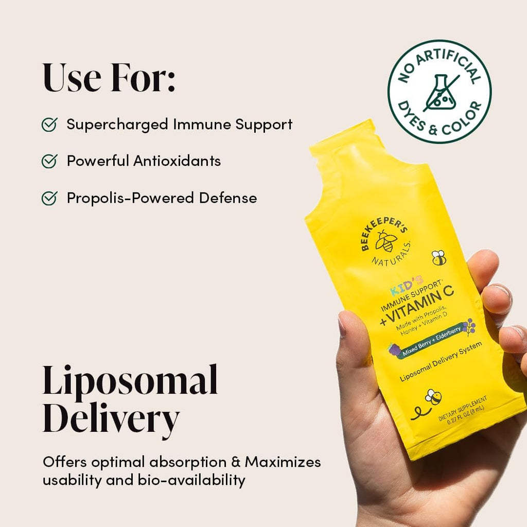 Kid's Immune Liposomal Vitamin C by Beekeeper's Naturals, 500 mg Vitamin C, Elderberry, Vitamin D, Propolis & Honey, Kid-Friendly Immune Support - Mixed Berry Flavor, Easy to Use, Bioavailable, 12 Ct