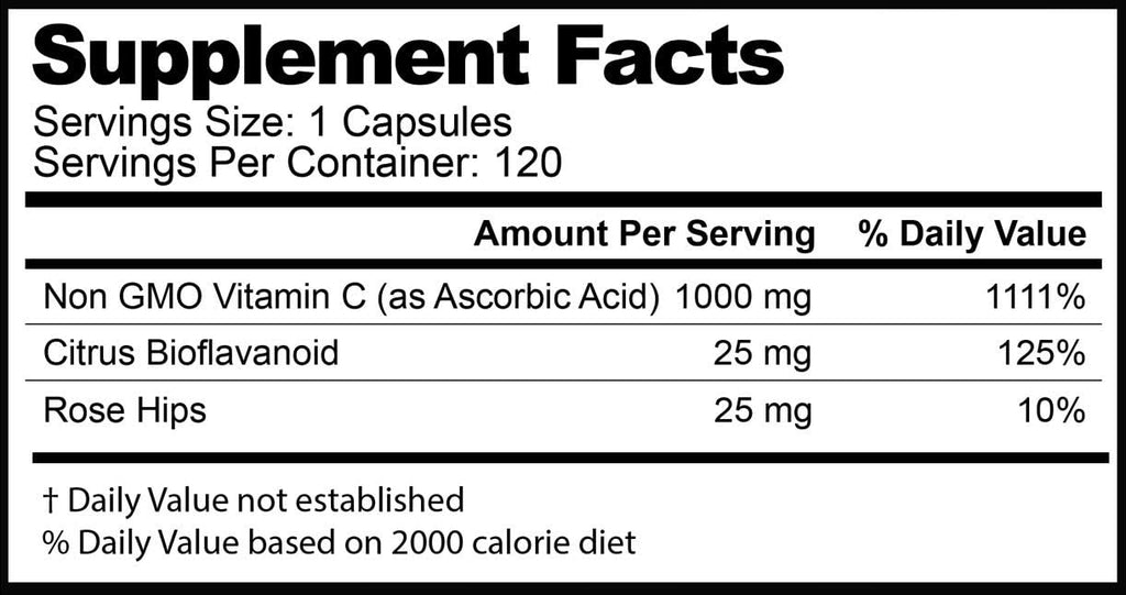 Vitamin C 1000 mg Daily Immune Support with Rose HIPS & Citrus Bioflavonoids Healthy Skin & Joints Buffered Non-GMO Non Acidic, 120 Capsules