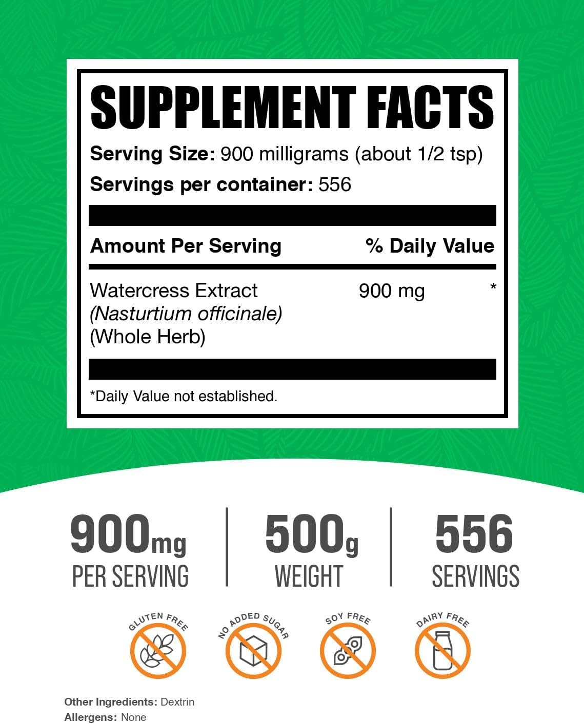 BulkSupplements.com Watercress Extract Powder - Nasturtium Officinale Extract, Watercress Powder - Gluten Free, 900mg per Serving, 500g (1.1 lbs) (Pack of 1)