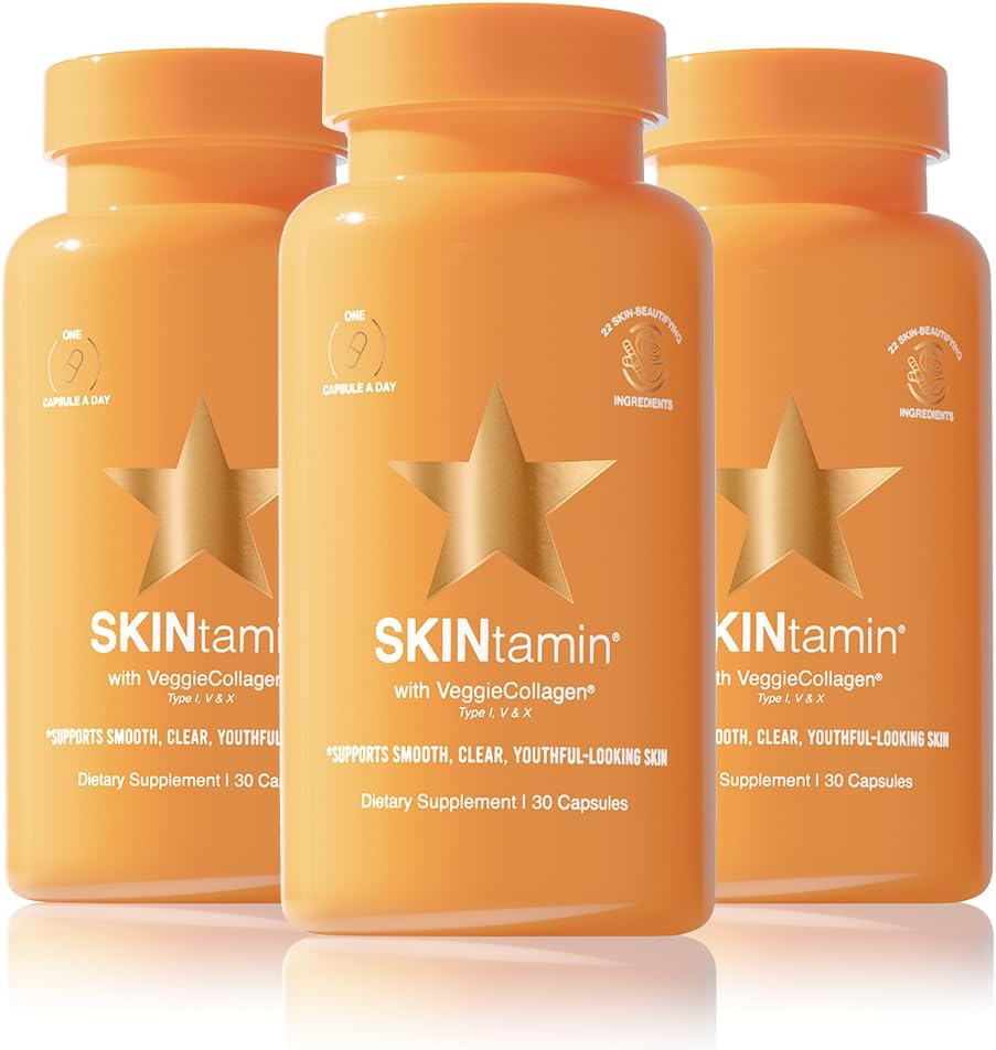 SKINtamin Vegetarian Collagen Pills | Best Collagen Supplements for Women to Support Skin Firmness and Wrinkles | Skin Supplement Formulated to Help Reduce Blemishes (3-Pack)