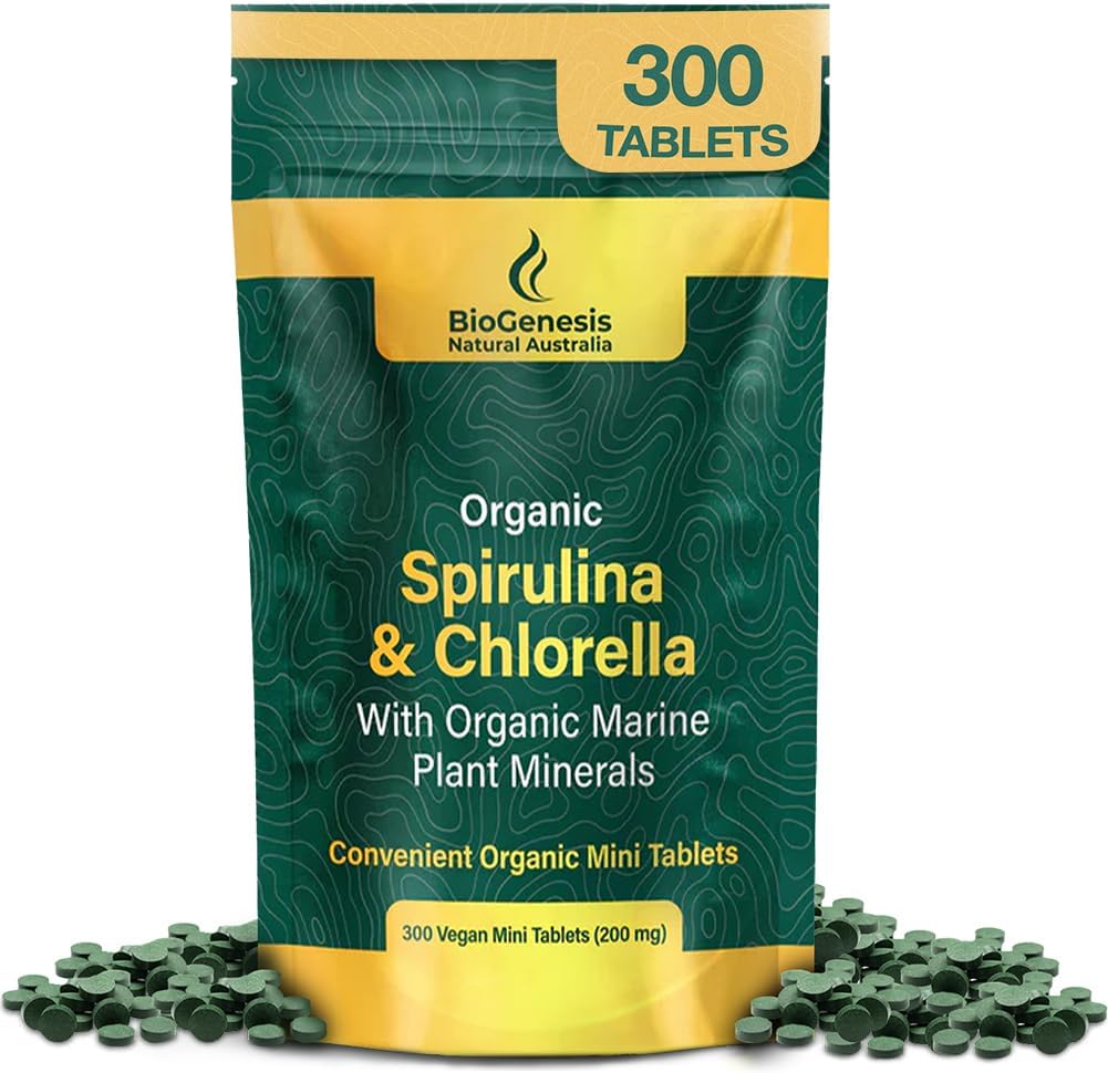 Biogenesis Organic Spirulina, Chlorella & Marine Plant Minerals – 300 Count (200 mg) | Australian Grown Algae Superfood | Support Energy & Immunity | Vegan Mini Tablets