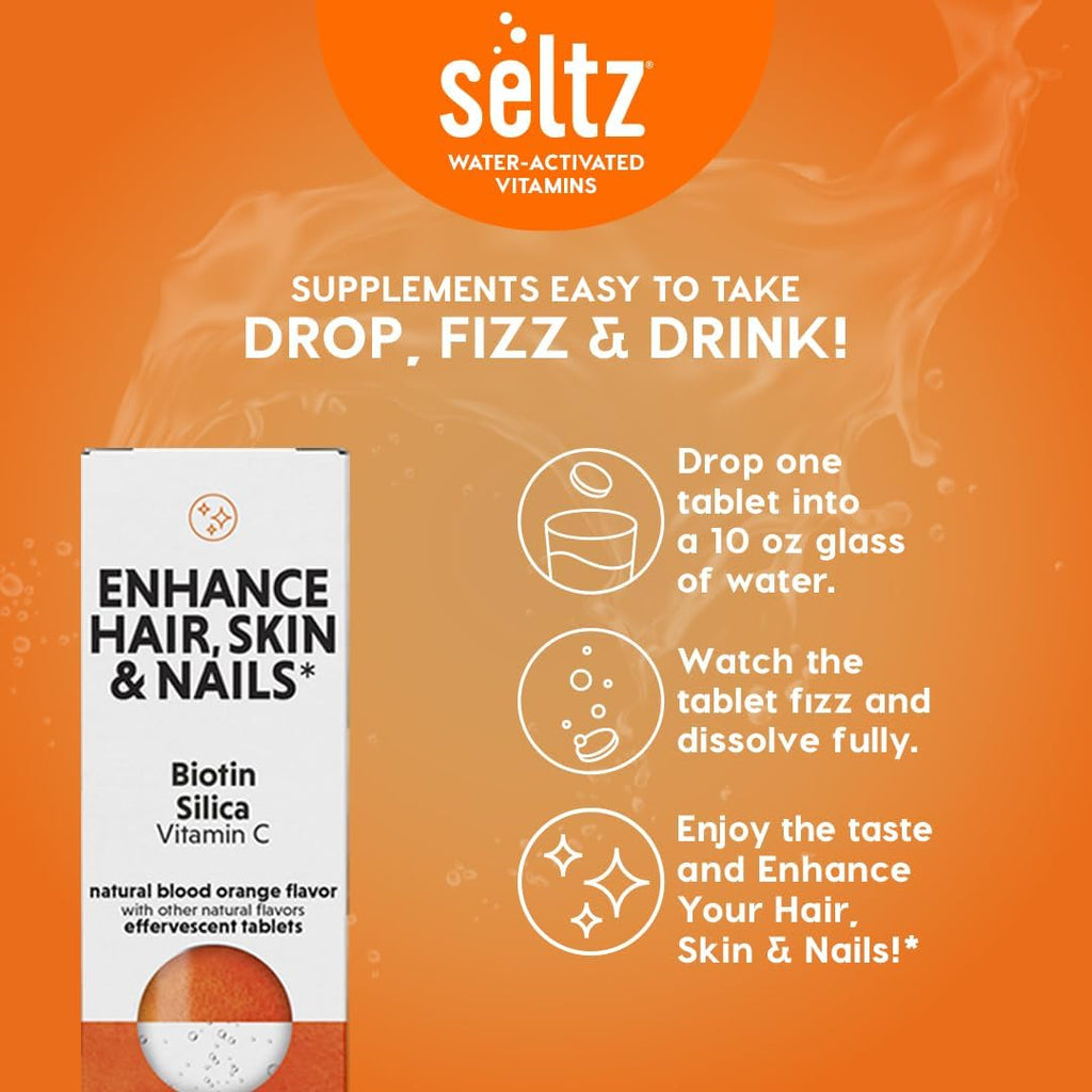 Seltz® Water-Activated Vitamins - Enhance Hair, Skin & Nails with Vitamin C, Silica, and Biotin – Natural Blood Orange Flavor Dietary Supplement - 1 Pack x 20 Effervescent Tablets