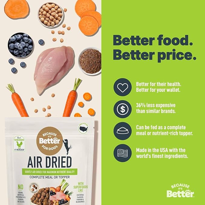 Because It's Better Slow Baked and Air Dried Dog Food, Real Chicken and Veggies, 3lb Bag, Complete and Balanced Dry Dog Food, for All Life Stages
