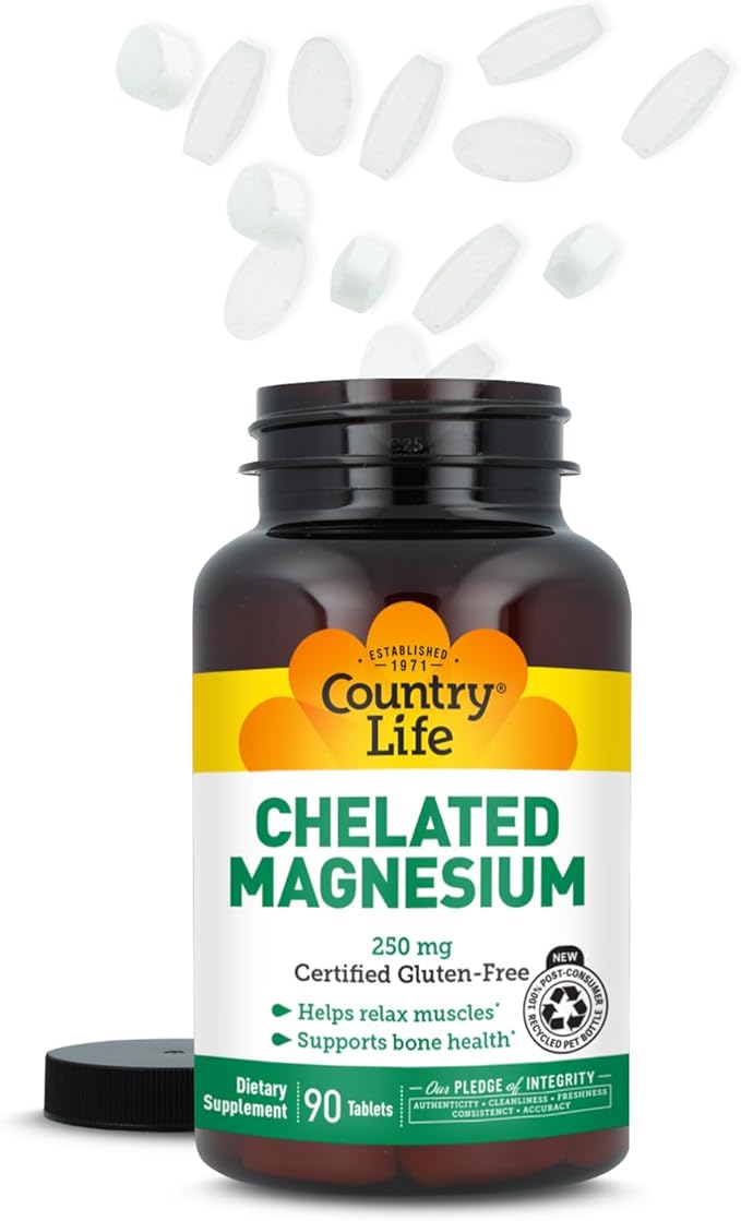 Country Life, Chelated Magnesium 250mg, Supports Bone and Immune Health, Daily Supplement, 90 ct