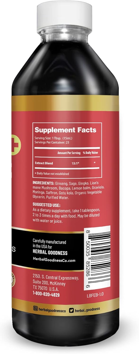 Herbal Goodness Brain and Focus - Nootropic Brain Supplement, Immune System Booster, Brain Health - Gingko, Graviola, Lion's Mane - Non-GMO, Natural - 12oz - 23 Servings