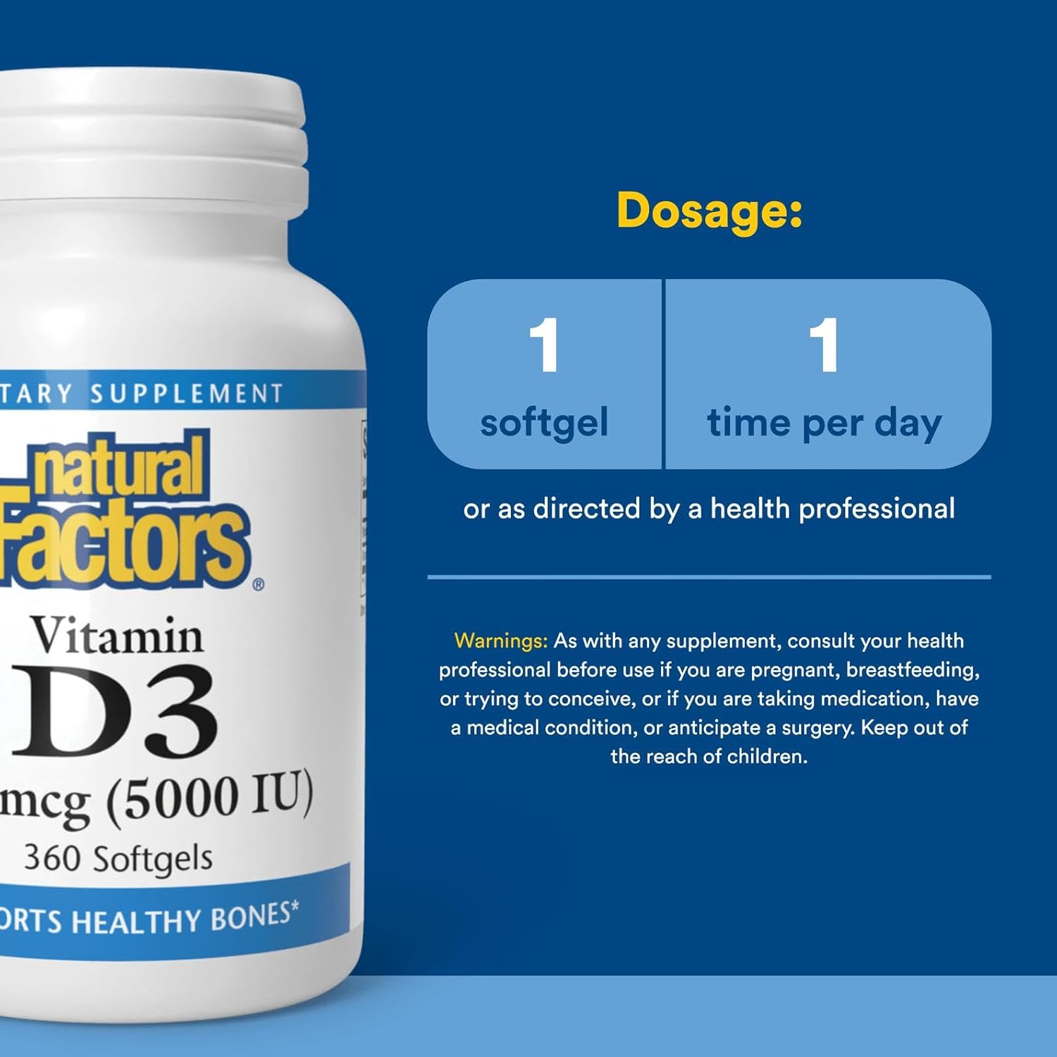 Natural Factors, Vitamin D3 5000 IU (125 mcg), Supports Strong Bones, Muscles and Immune Function, 360 Softgels
