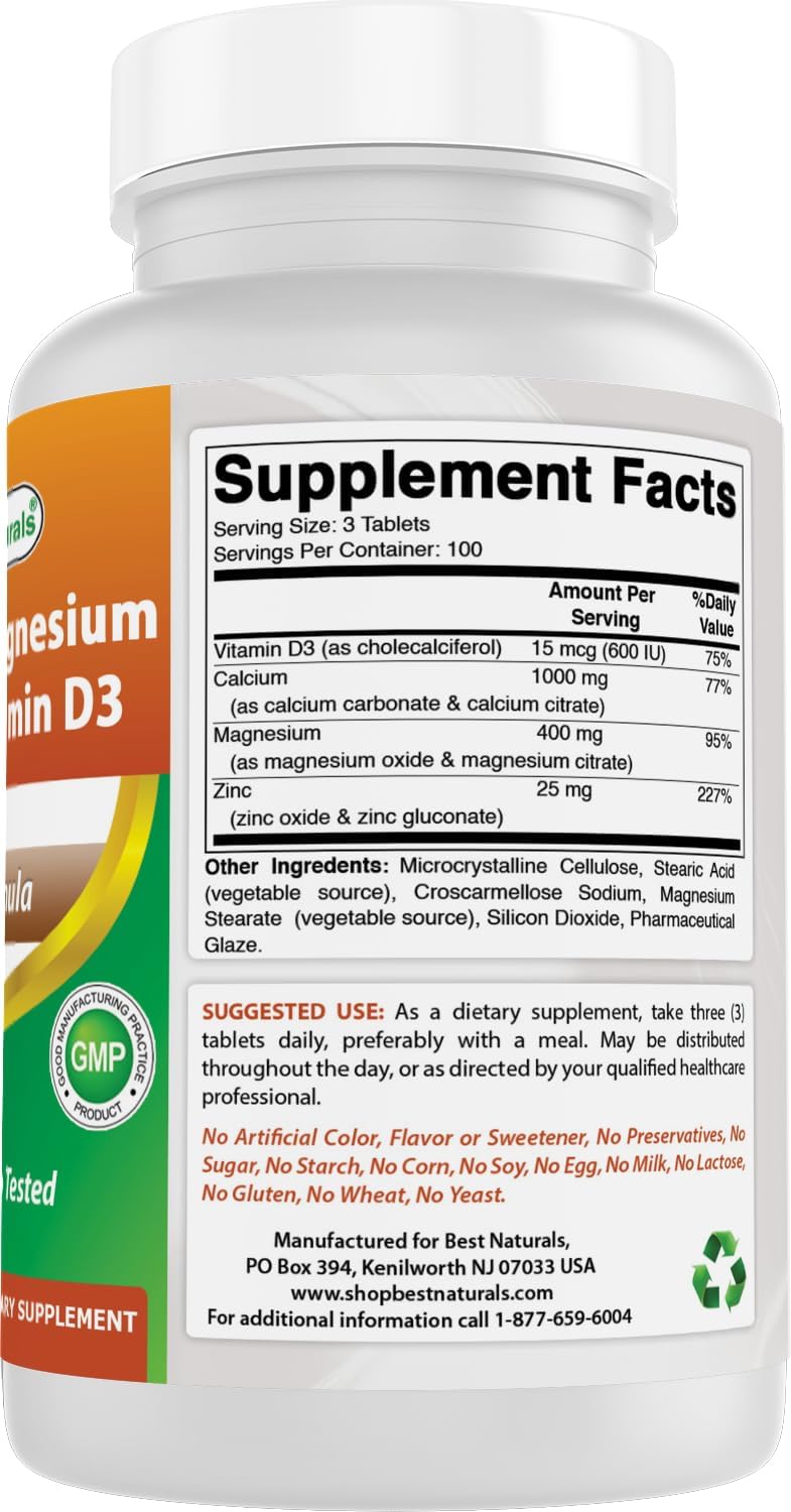 Best Naturals Calcium Magnesium Zinc with Vitamin D3, 300 Tablets - Calcium 1000 mg, Magnesium 400 mg, Zinc 25 mg & D3 600 IU per Serving (3 Tablets)