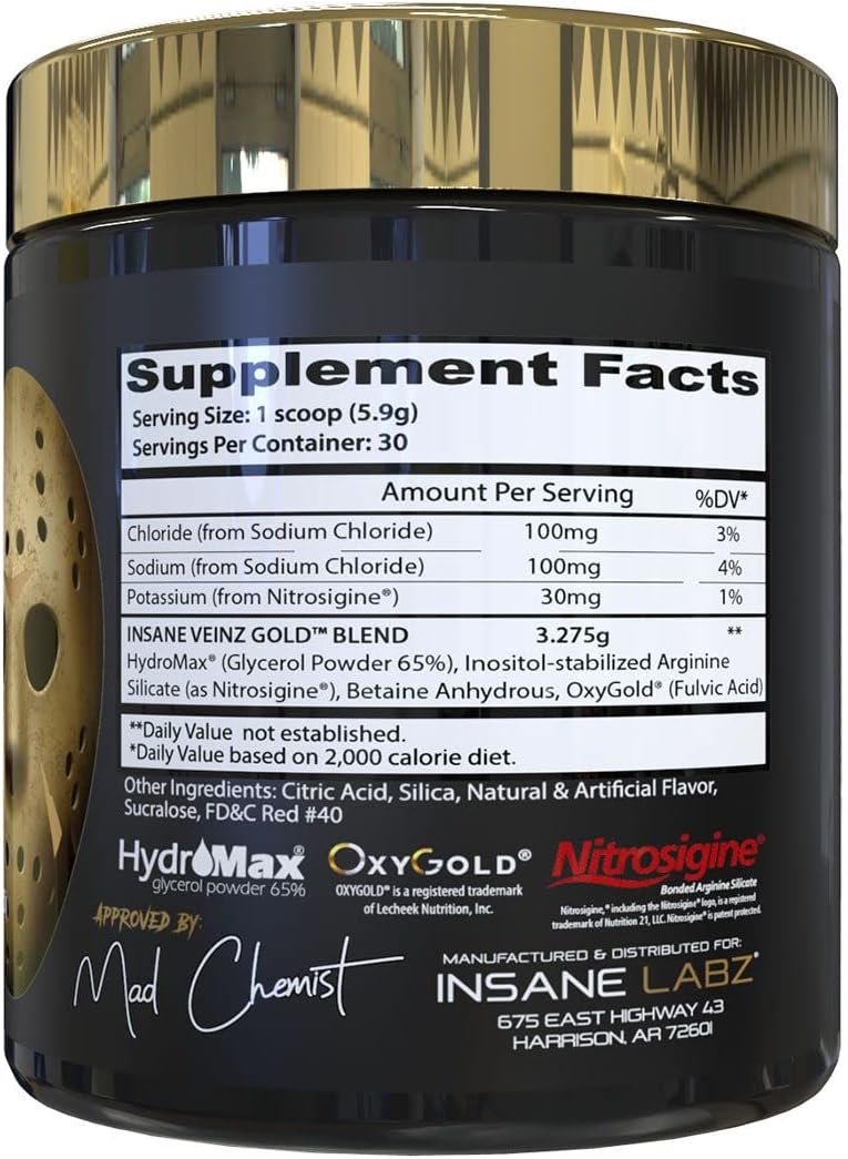 Insane Labz Psychotic Gold and Insane Veinz Gold Pre Workout Nitric Oxide Booster Stack, Increase Muscle Mass, Vascularity, Strength, Energy, Focus, Gummy Candy and Fruit Punch.