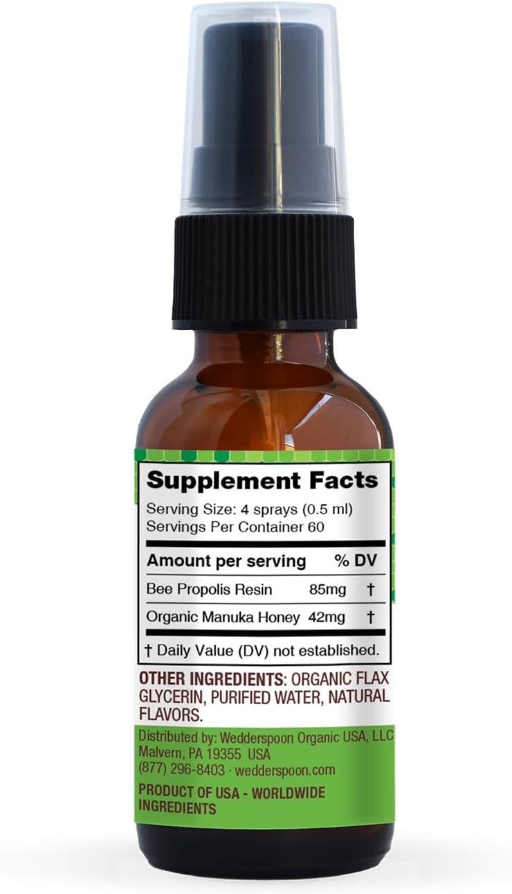 Wedderspoon Propolis and Manuka Honey Throat Spray, Chamomile & Mint, 1 Fl Oz (Pack of 1), Sore Throat Relief, Natural Immune Support